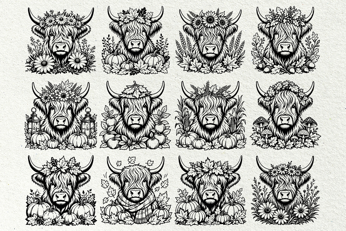 Fall Highland Cow Line Art Graphics, a Seasonal Illustration by DENIDigitalArtSudio (Photo 2 of 6)