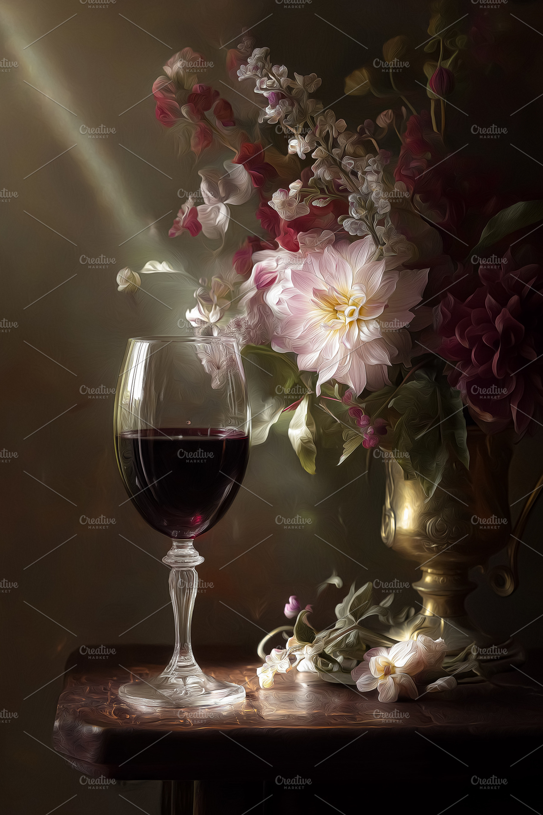 Still life composition with red wine glass and mixed flowers in an antique meta, a Food & Drink Photo by Studio ANNA