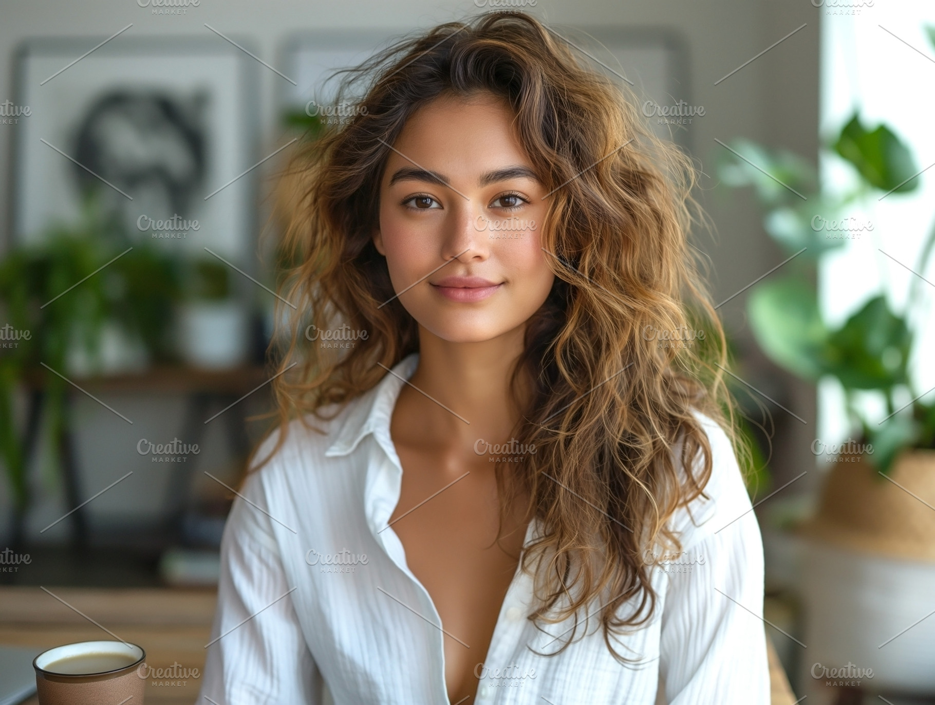 A young woman of mixed ethnicity with curly hair poses warmly in a cozy, natura, a Person Photo by ImageMir