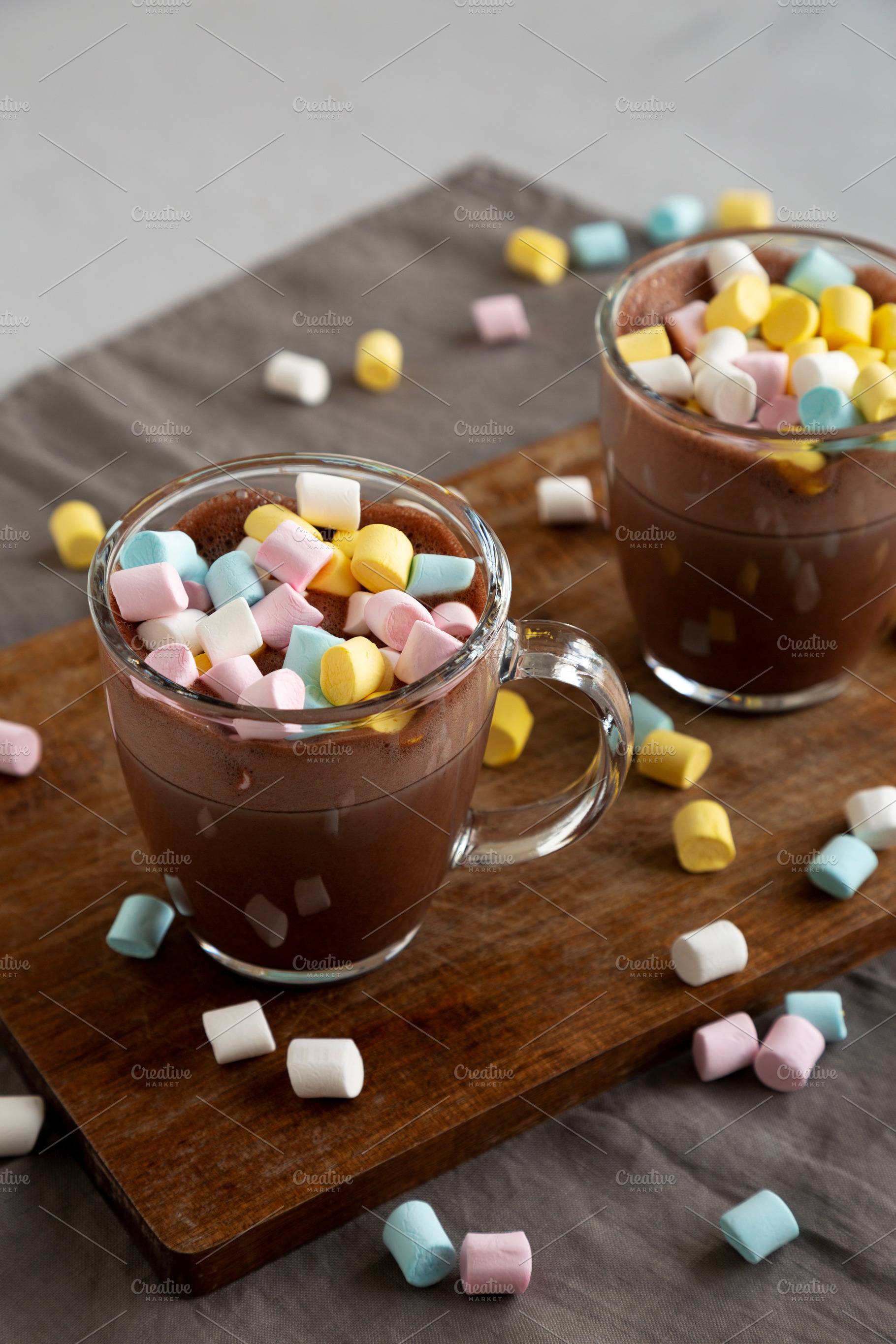 Warm Chocolate Cocoa in Mugs with Colorful Marshmallows, side vi, a Food & Drink Photo by LiudmylaChuhunova