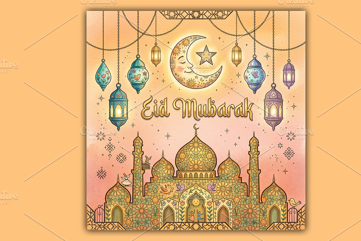 Watercolor Eid Mubarak Illustration, a Holiday Photo by microtasker (Photo 1 of 2)