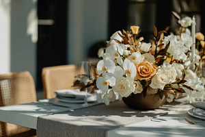 Elegant outdoor wedding table set with a beautiful floral center, a Photo by Studio ANNA