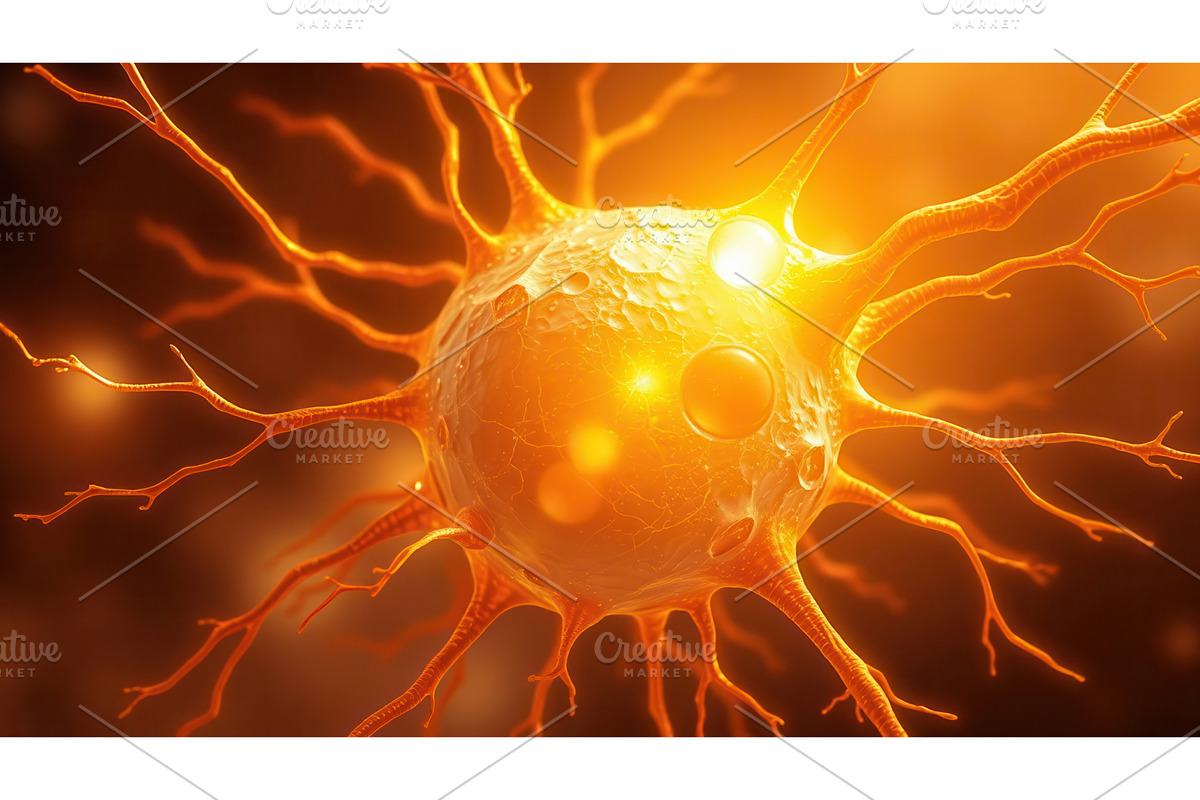 Close-up of a glowing neuron cell, an Illustration by tilialucida