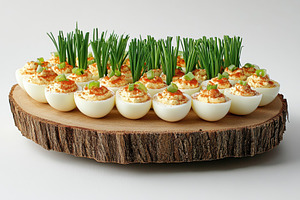 Delicious deviled eggs garnished wit, a Photo by Pavel_design