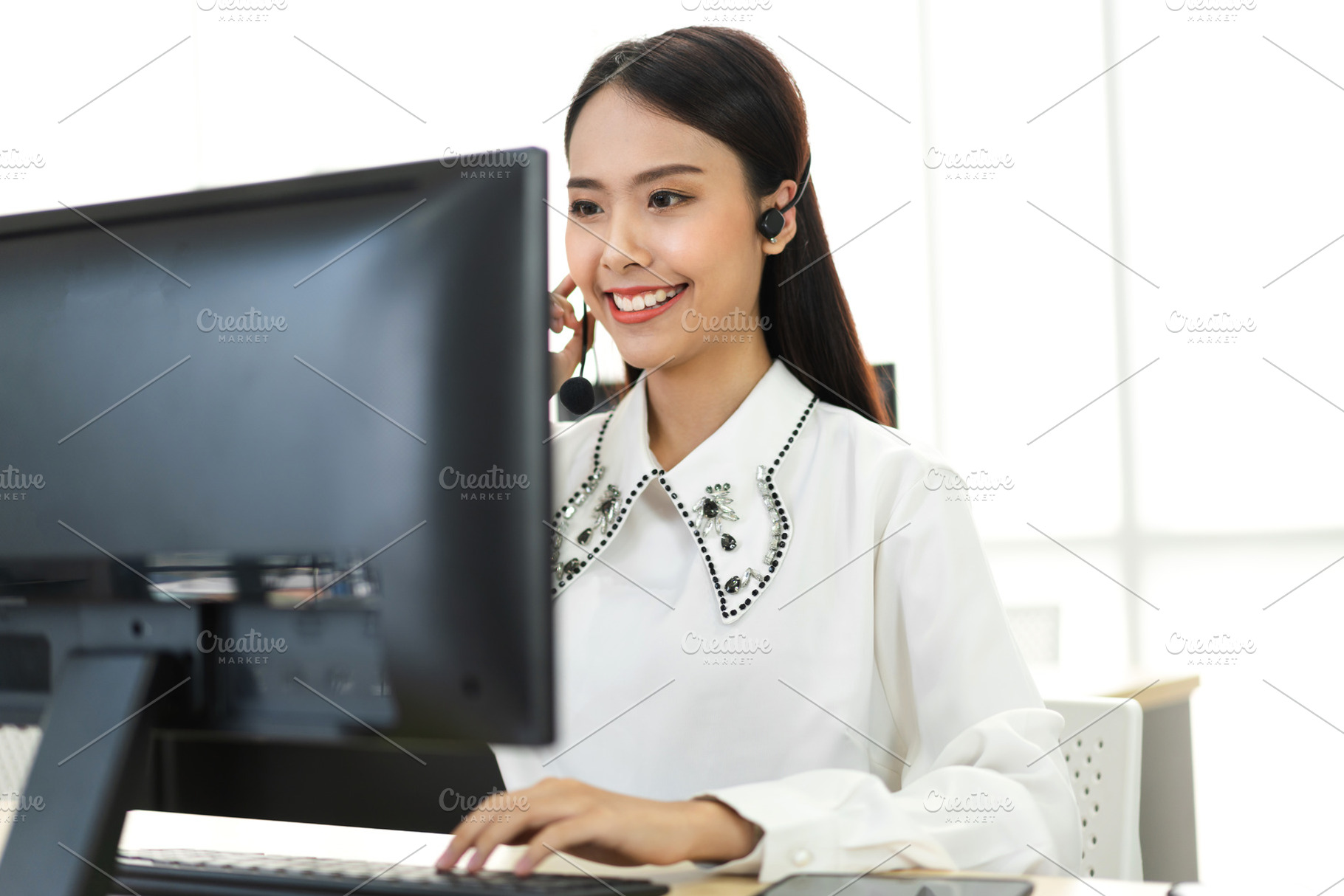 Beautiful happy call center smiling businesswoman operator custo, a Person Photo by Art_Photo