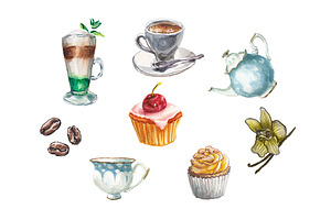 Watercolor, Desserts Coffee And Tea