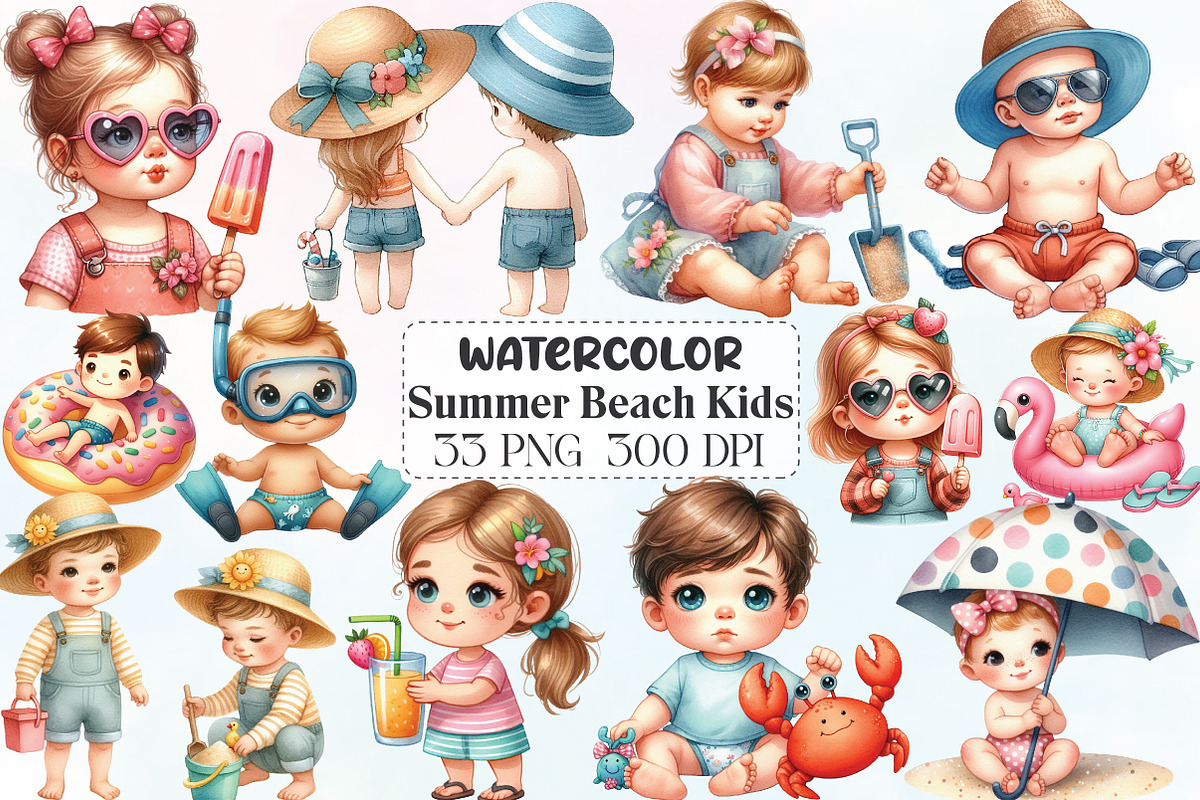 Watercolor Summer Beach Kids Clipart, an Illustration by CraftArtStudio (Photo 1 of 6)