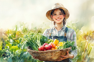 A young girl in a straw hat smiles while holding a basket filled with fresh veg, a Person Photo by Textures & Backgrounds