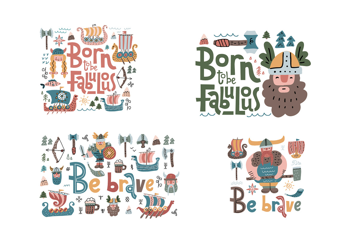 Cute childish vikings clipart set, an Illustration by Lana Sham (Photo 9 of 12)
