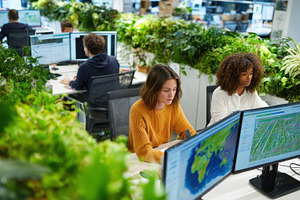 Green Office Women Working on Comput, a Photo by Pixeness Studio