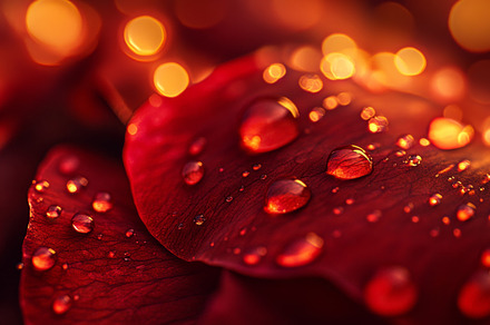 Red Rose Petals with Water Droplets and Bokeh Lights
