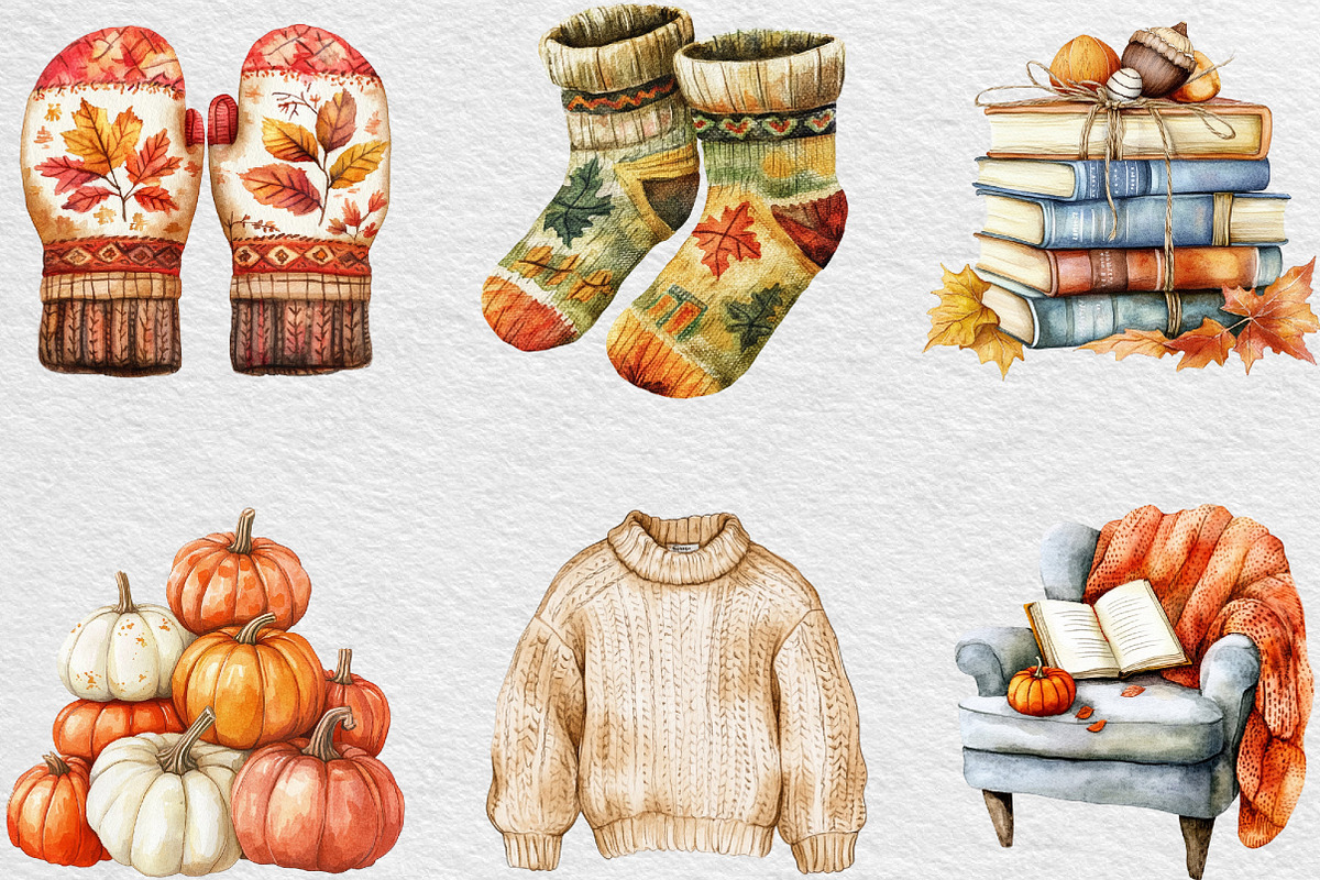 Watercolor Cozy Autumn Clipart, an Illustration by Black Bird Studio (Photo 2 of 6)