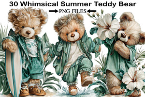 Whimsical Summer Teddy Bear Clipart, an Illustration by Black Bird Studio