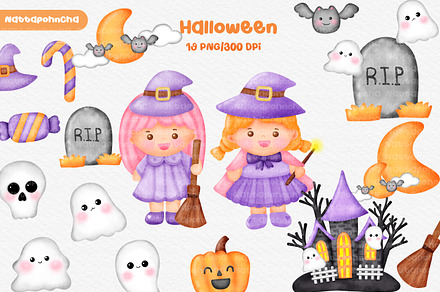Watercolor Halloween Clipart.