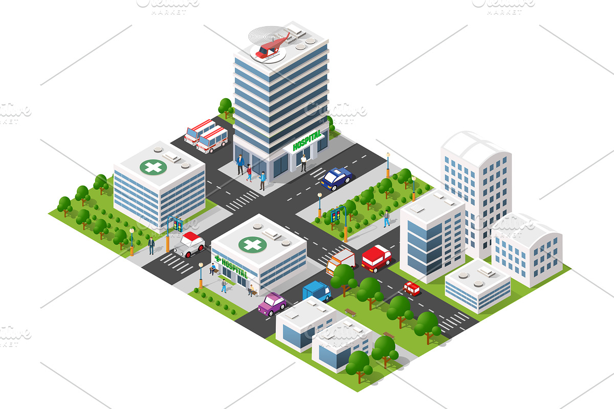 Isometric hospital complex with, a Healthcare Illustration by AlexZeL