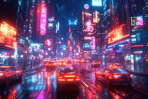 Cyberpunk City Rain Neon Lights Nigh, a Food & Drink Photo by Pixeness Studio