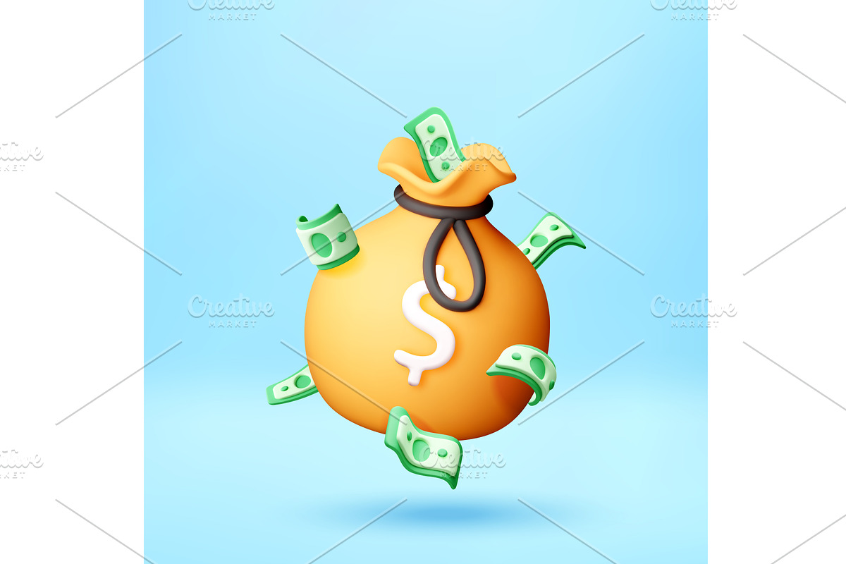 3d money bag filled with cash, a Finance Illustration by Abscent