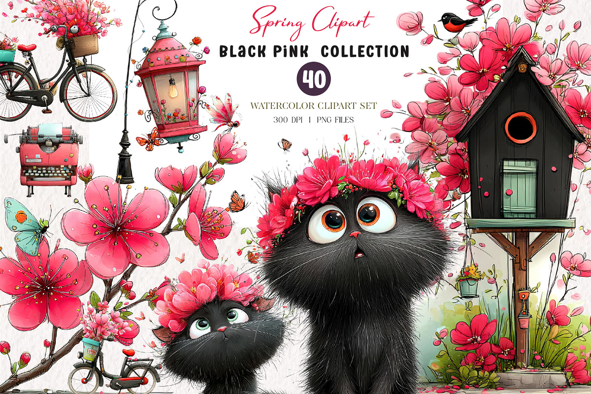 Black Pink Spring Clipart, an Illustration by CreationArt (Photo 1 of 7)