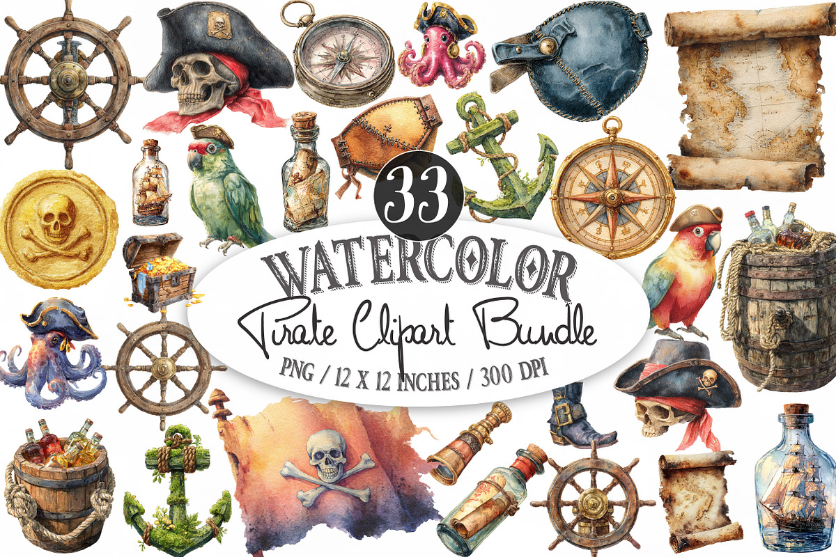 Pirate Clipart - Watercolor, an Illustration by Designking (Photo 1 of 4)