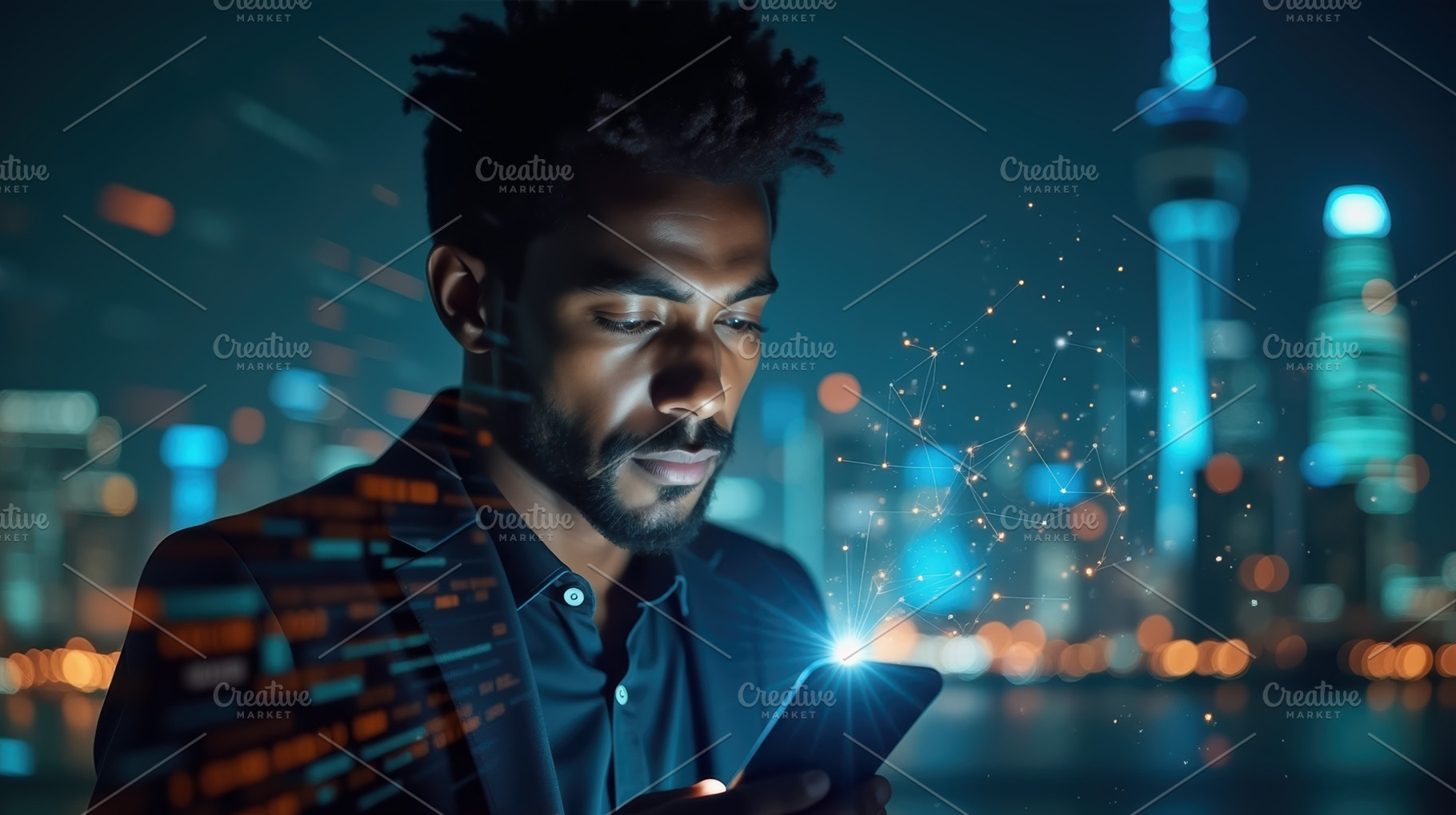 African American man with smartphone, a Technology Photo by angellodeco