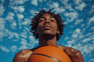 Young athlete poses confidently with, a Photo by Tanuart