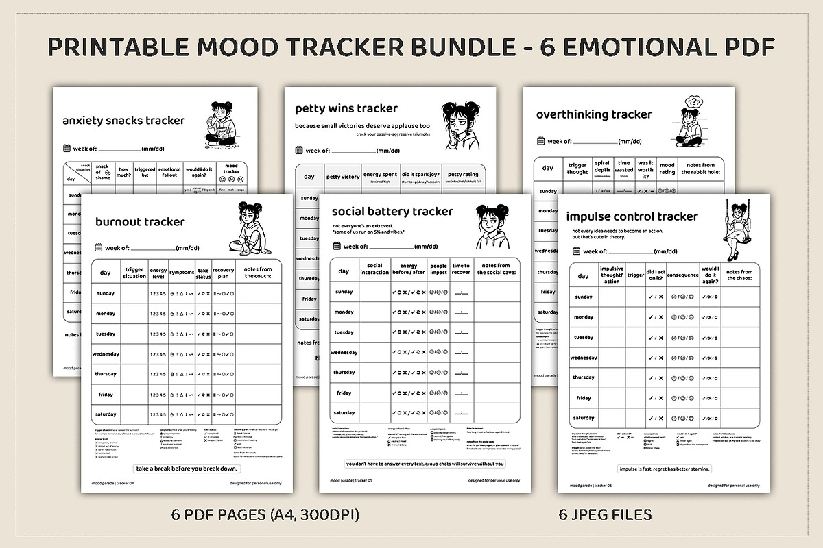 6 Printable Mood Tracker Bundle, a Stationery Template by MuzaArtStudio (Photo 1 of 8)