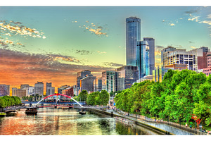 Sunset over the yarra river in melbourne australia featuring melbourne, an Architecture Photo by Leonid Andronov