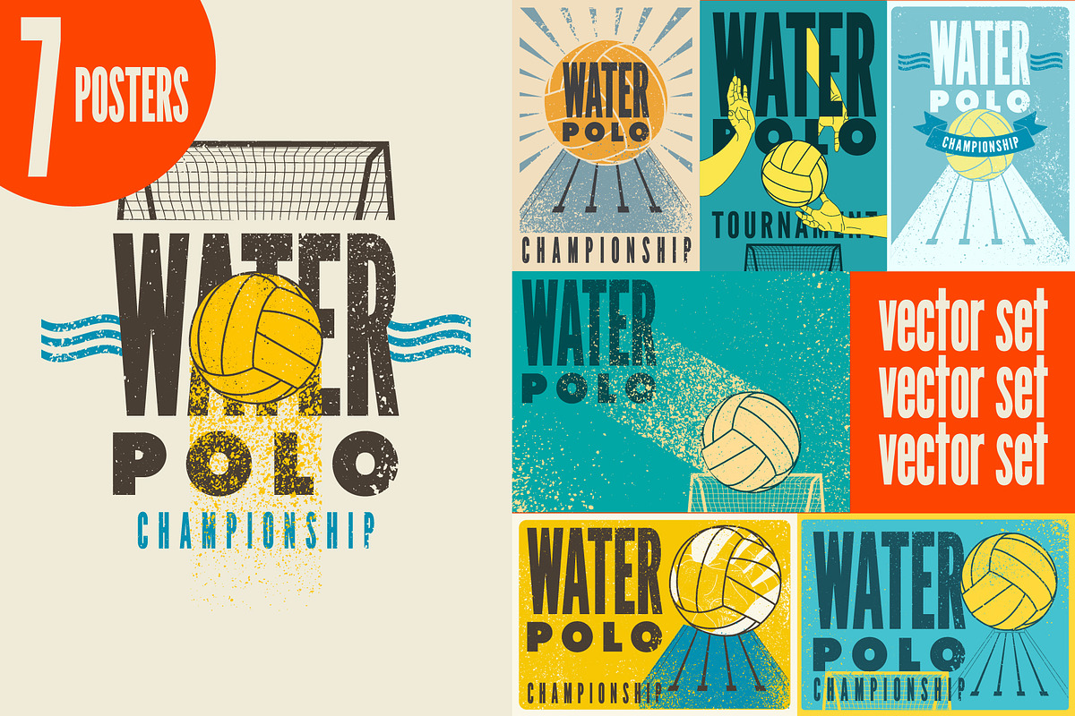 Water Polo retro vector poster set., a Sport Illustration by PoPaShop (Photo 1 of 8)