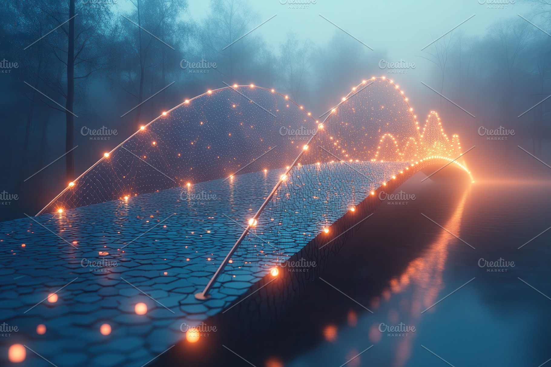 Illuminated bridge arches over calm, a Photo by Tanuart
