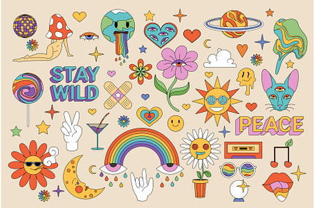 Hippie retro stickers set, groovy, an Object Illustration by Flashvector