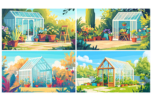 Greenhouse landscape. Cartoon garden, an Illustration by Stock-Smart-Start