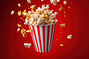 Paper cup with popcorn on red background, a Food & Drink Photo by AlyaAnd