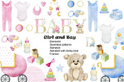 Baby boy and girl clipart., an Object Illustration by TaPilipa (Thumbnail 1 of 15)