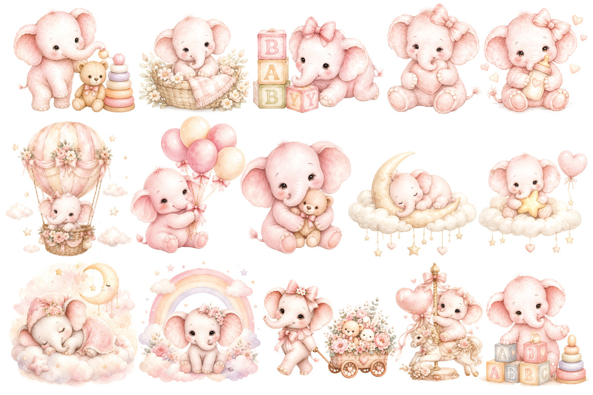 Pink Baby Elephant Clipart, an Animal Illustration by Villa 11 Estudio (Photo 2 of 9)
