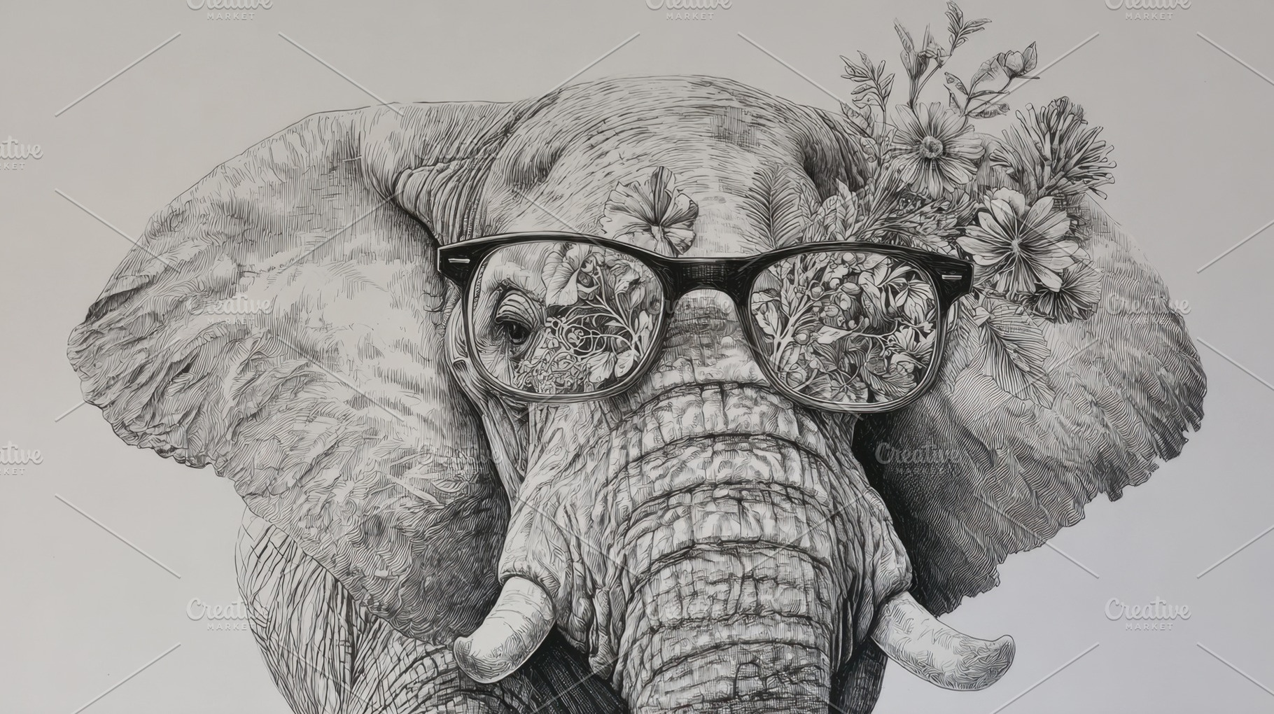 Elephant with glasses and flowers, a Photo by Beautiful things