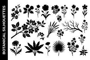 Plants Flowers Leaves Silhouette Set, an Object Graphic by nandinigraphics