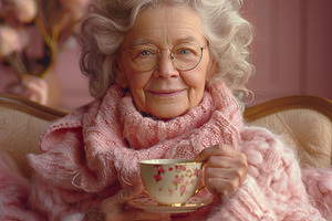 An elderly Caucasian woman in a cozy pink sweater, sipping tea in a softly lit, a Person Photo by ImageMir