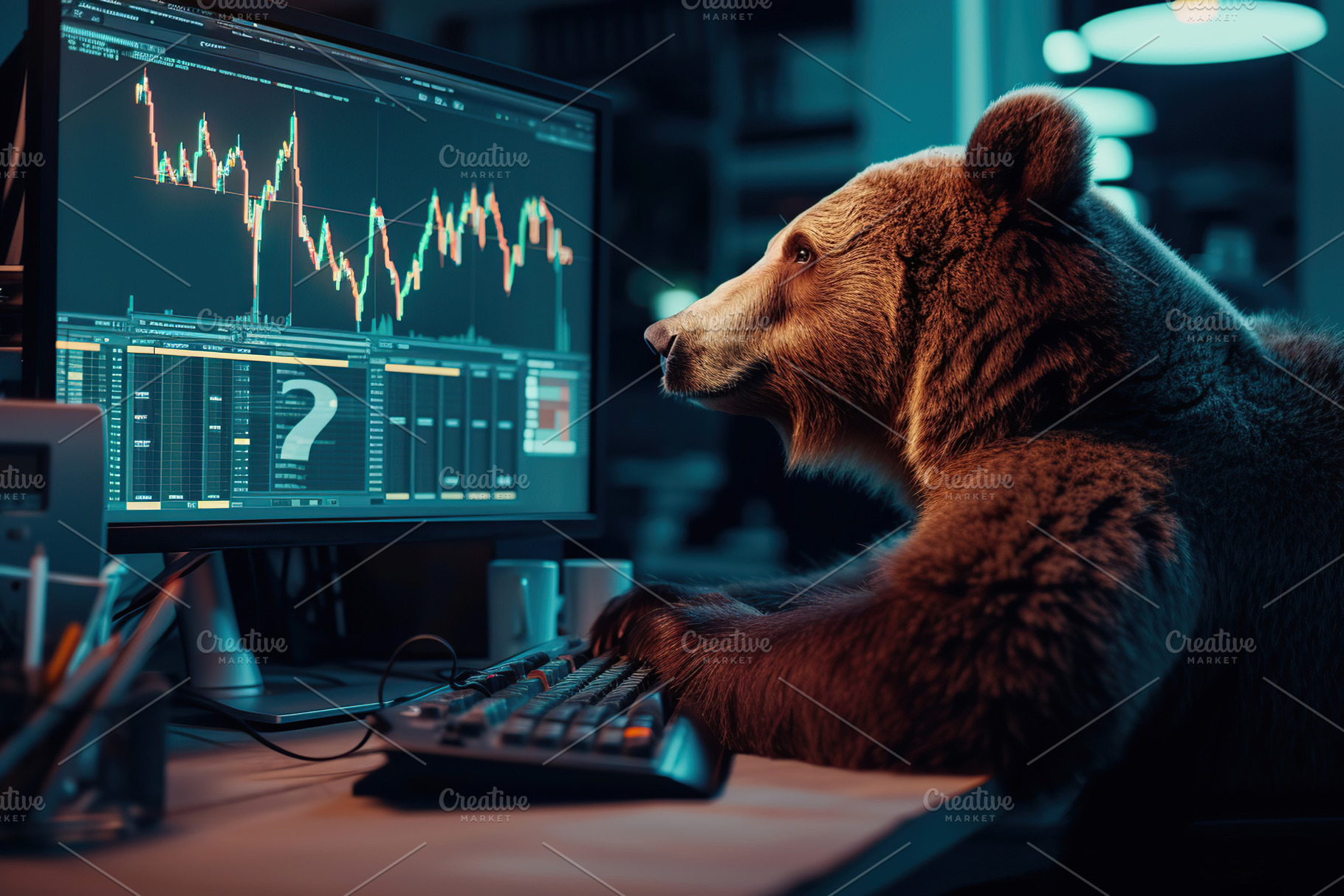 Big bear sitting near computer screen with red stock market. Bea, a Business Photo by AlyaAnd