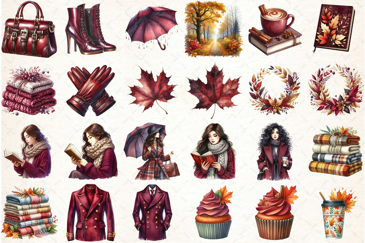 Watercolor Burgundy Autumn Clipart, an Illustration by Libby Wishes (Photo 2 of 4)