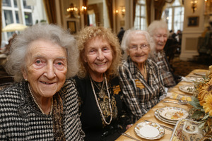 Four senior women friends smiling together at an elegant afternoon tea celebrat, a Photo by AS photostudio