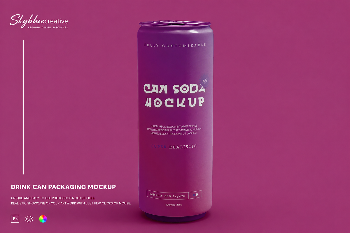 Front view of Soda Can Mockup, an Advertising Mockup by skybluecreative (Photo 1 of 2)