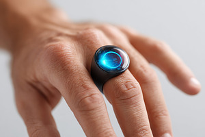 AI ring showcased on an open palm against a neutral backdrop in bright light, a Photo by AlyaAnd