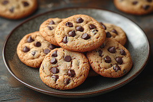 Freshly baked chocolate chip cookies on a ceramic plate ready to be enjoyed wit, a Food & Drink Photo by AlyaAnd