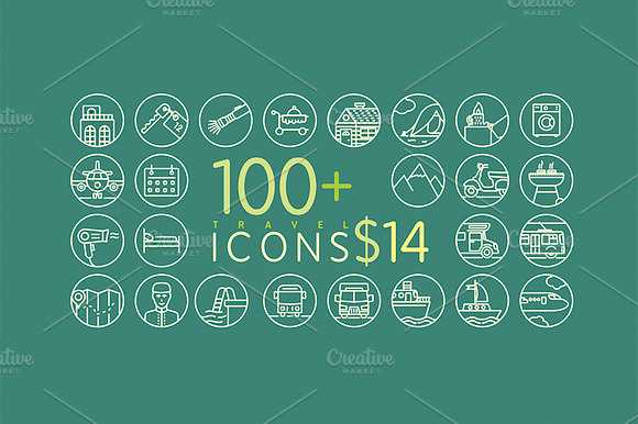 100 Line Travel Icons For 14