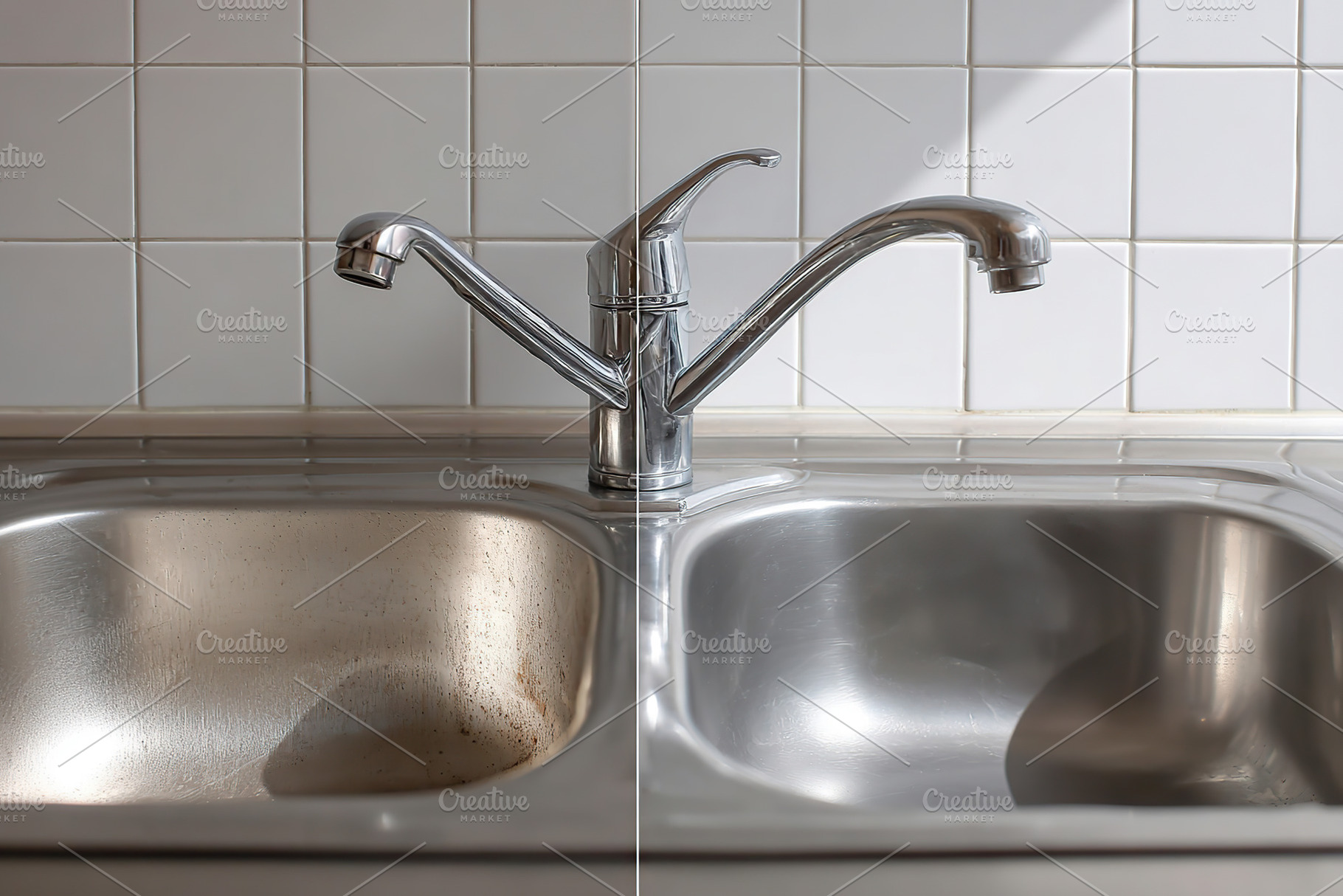 Comparison of kitchen sink cleanliness with dual basin faucet and stainless ste, a Photo by AlyaAnd