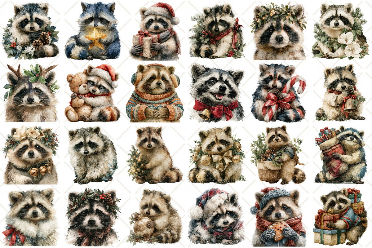 Watercolor Christmas Raccoon Clipart, a Seasonal Illustration by Black Bird Studio (Photo 2 of 7)