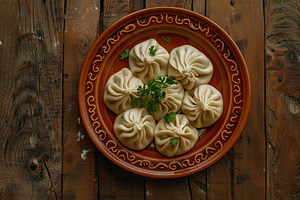 Homemade meat khinkali in plate on wooden table, a Food & Drink Photo by AlyaAnd