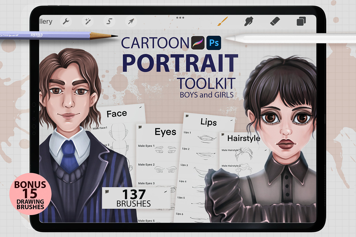 PROCREATE CARTOON PORTRAIT TOOLKIT, a Brush Add-On by AlexandraArt (Photo 1 of 9)