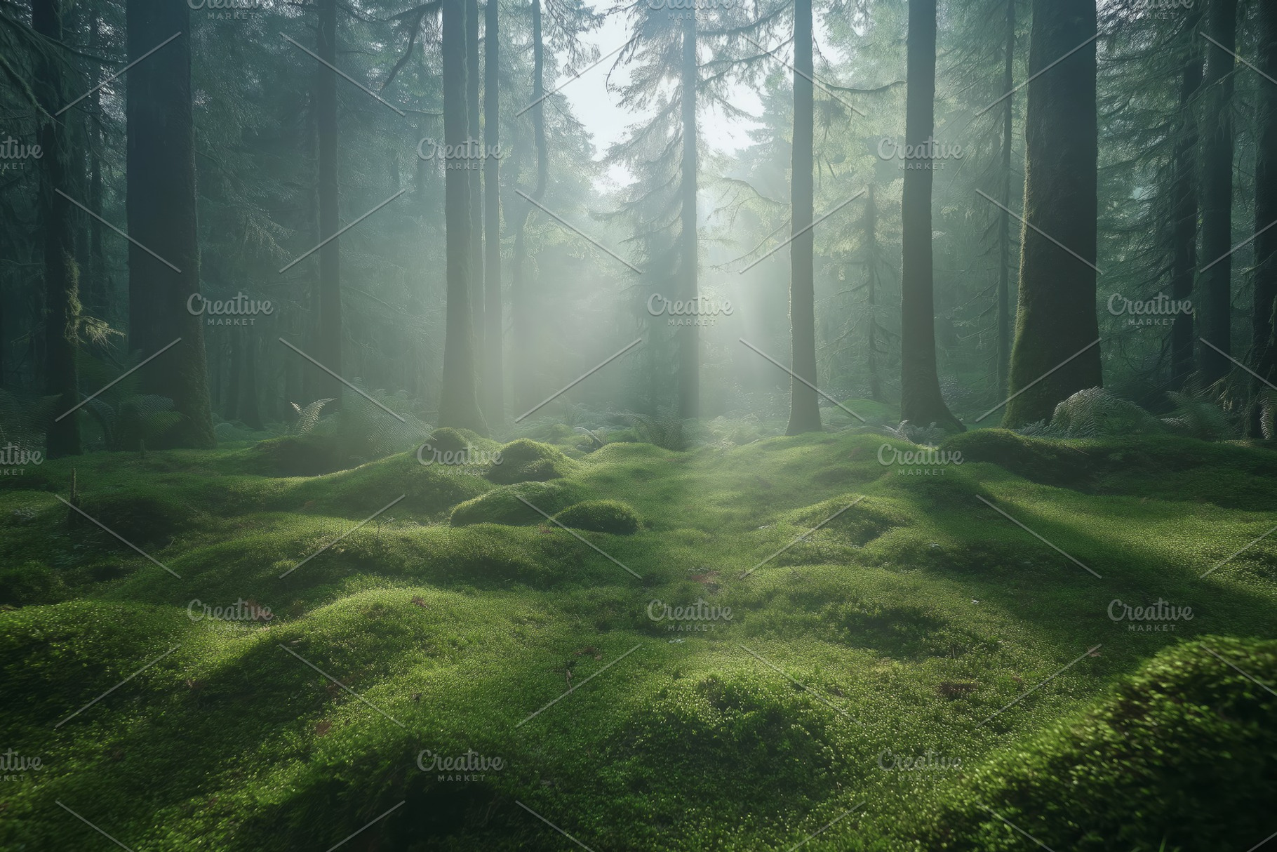 Enchanting green forest with mist rising among tall trees, creating a magical a, a Background Photo by ImageMir