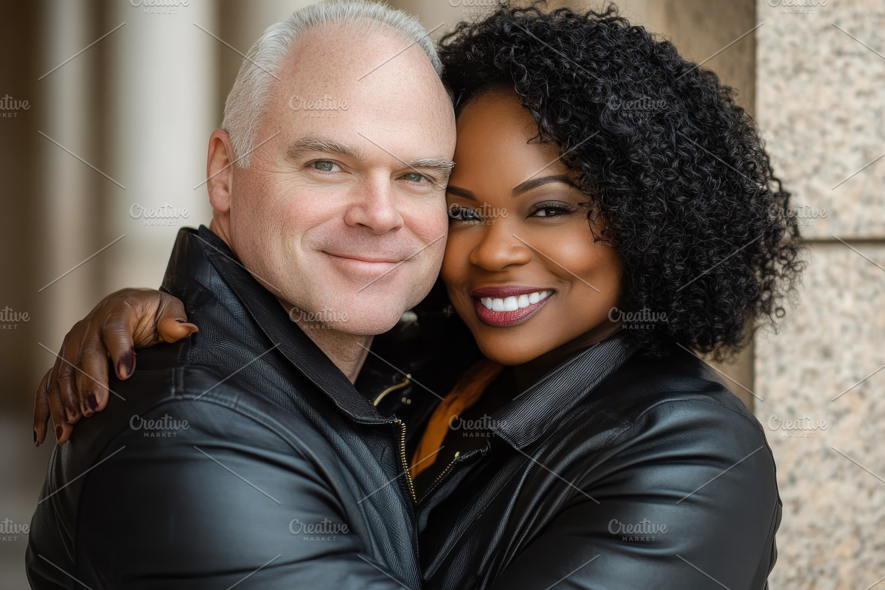 Mixed couple enjoying a warm embrace, a Photo by Pavel_design